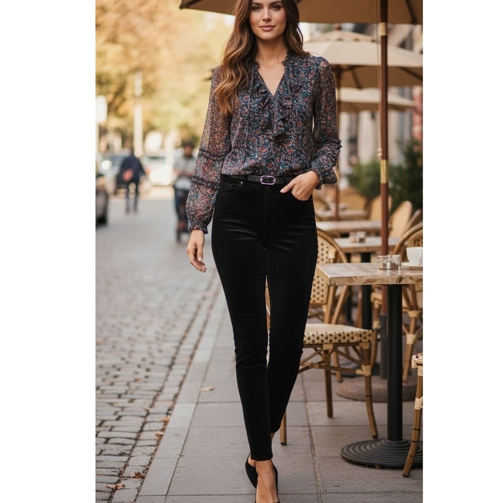 Womens 4 Petite Neutral Dark Academia Velvet Skinny Pants High Rise Black Fall
